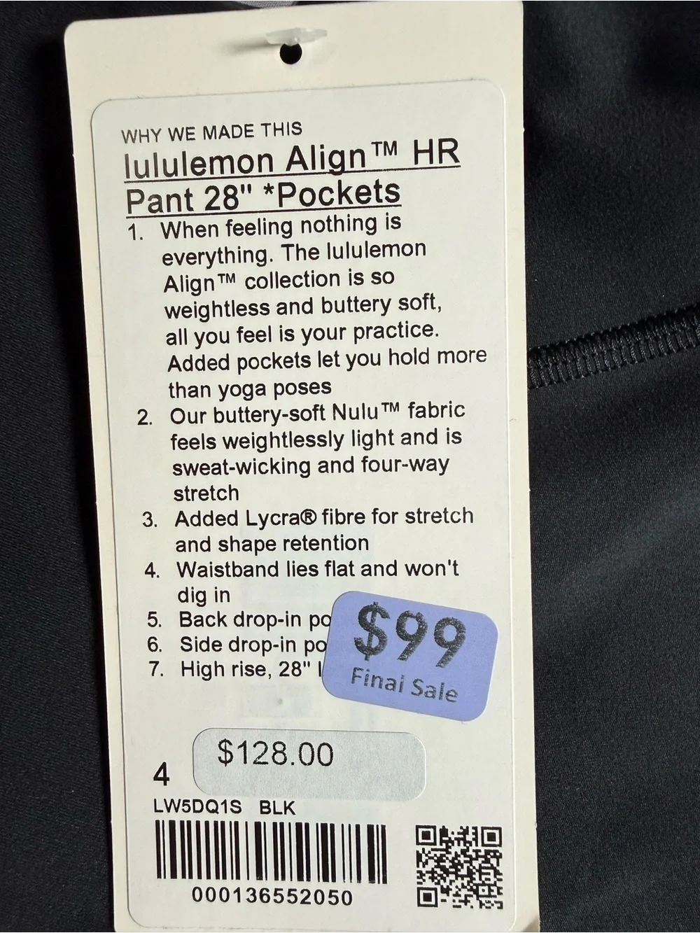 NWT lululemon Align High-Rise Pant with Pockets 28” Black Size 4